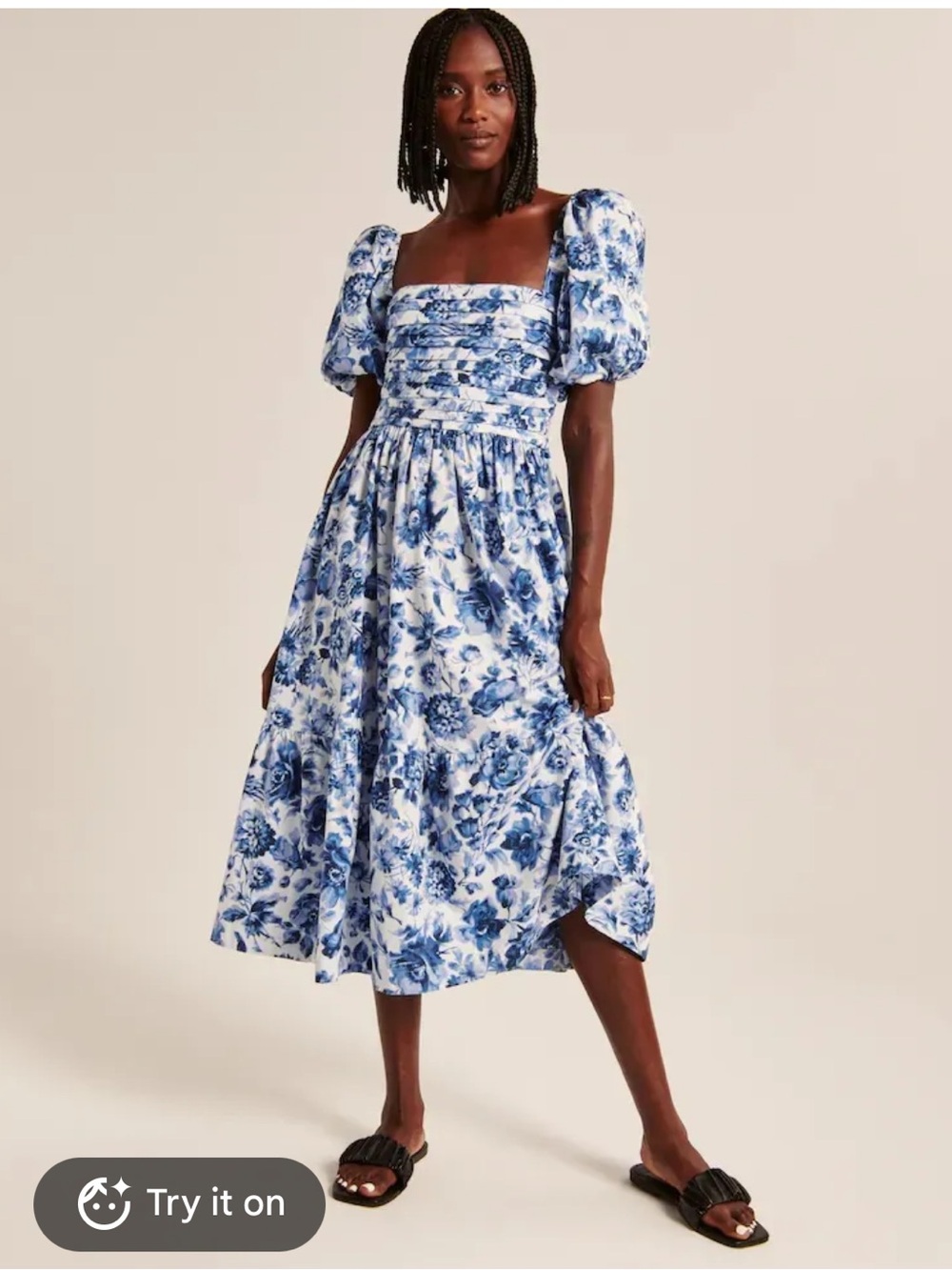 Emerson Poplin Puff Sleeve Midi Dress Blue Floral XS